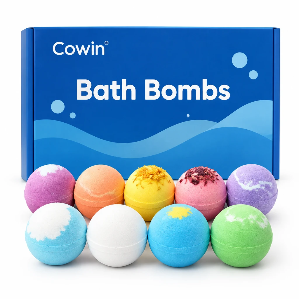 Colorful bath bombs blue gift box