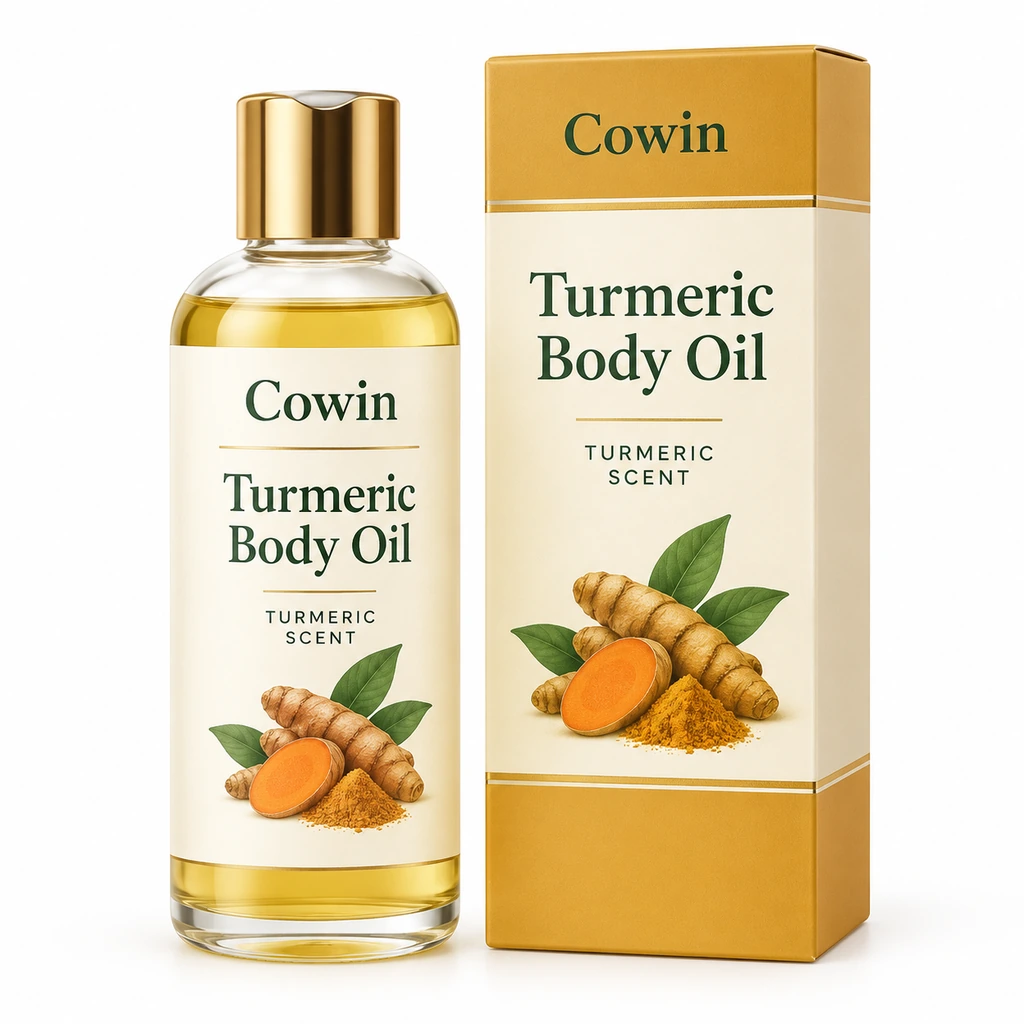 Turmeric body oil bottle and carton