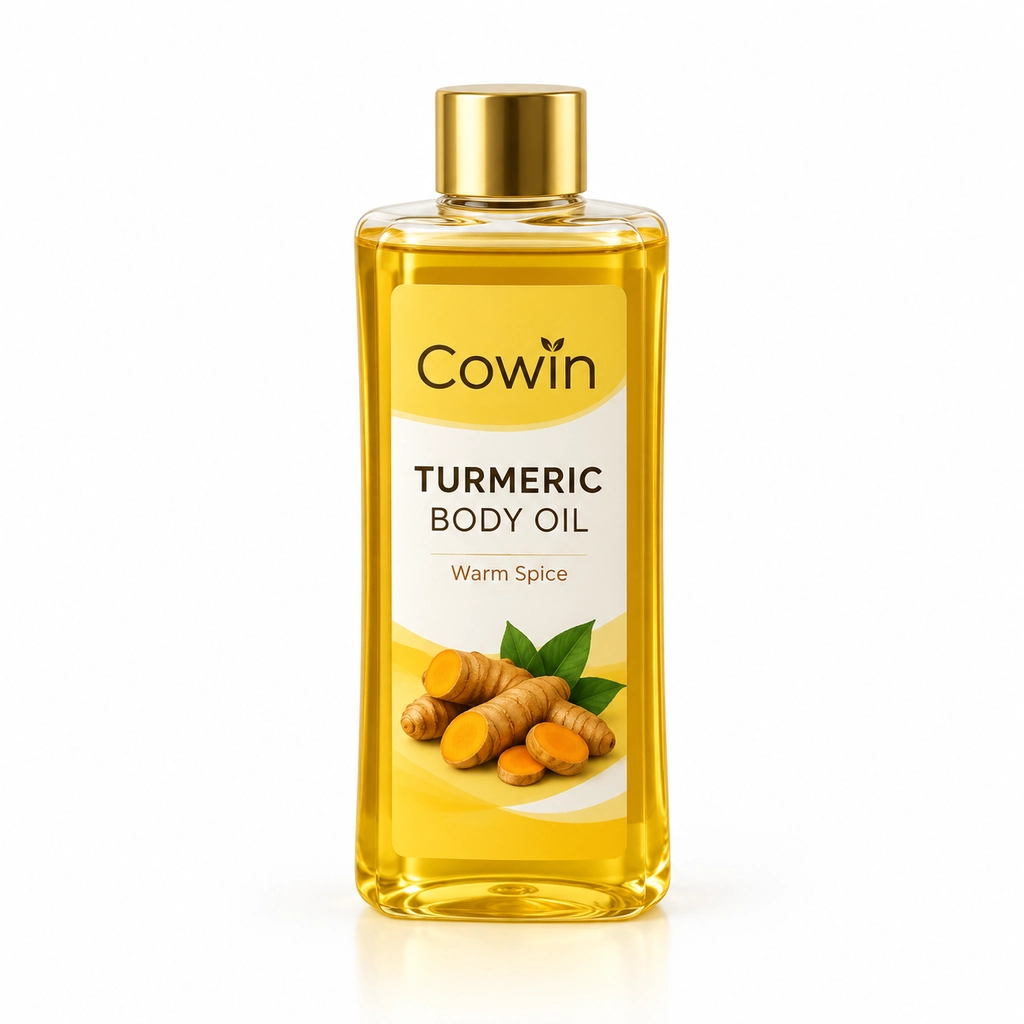 Turmeric body oil gold cap bottle