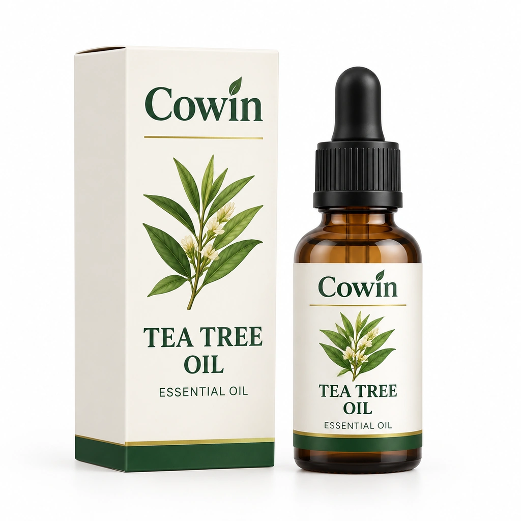 Tea tree oil amber dropper bottle and box
