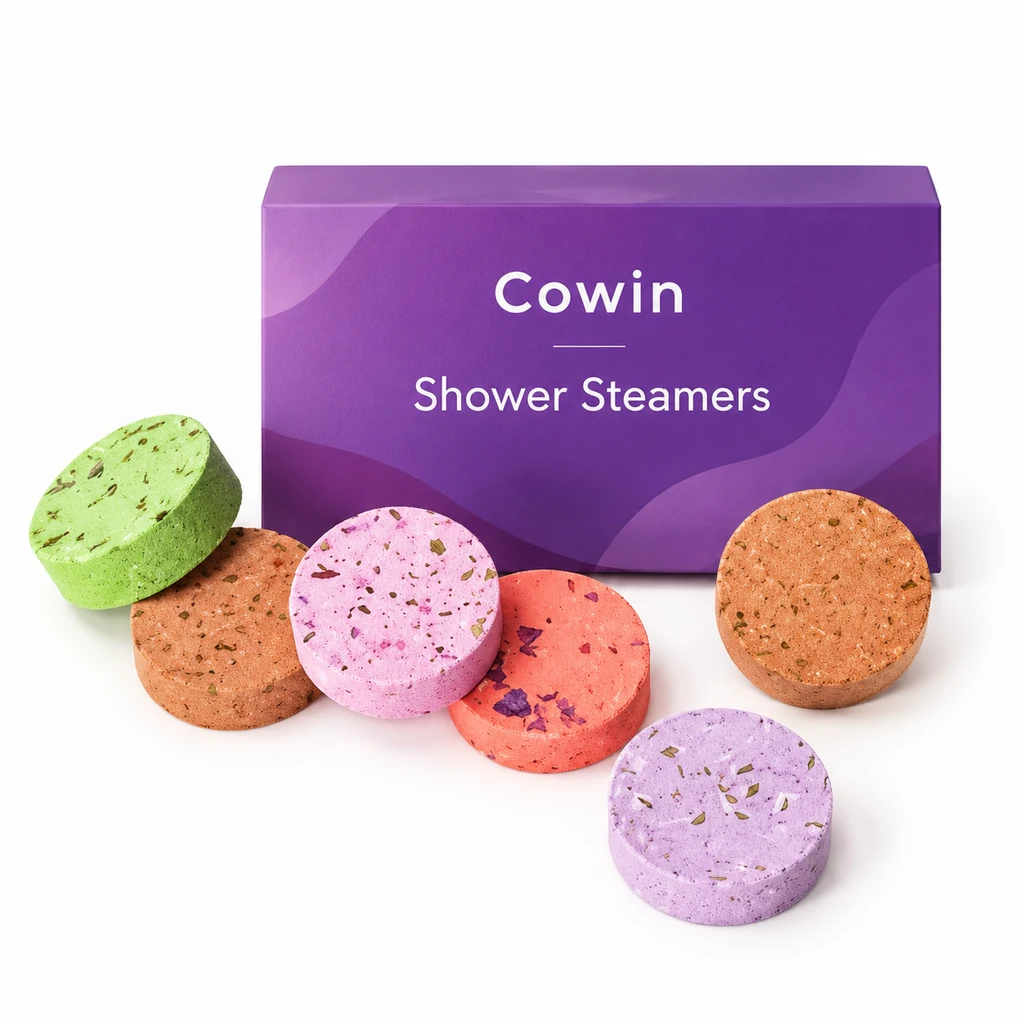 Shower steamers purple box colorful tablets