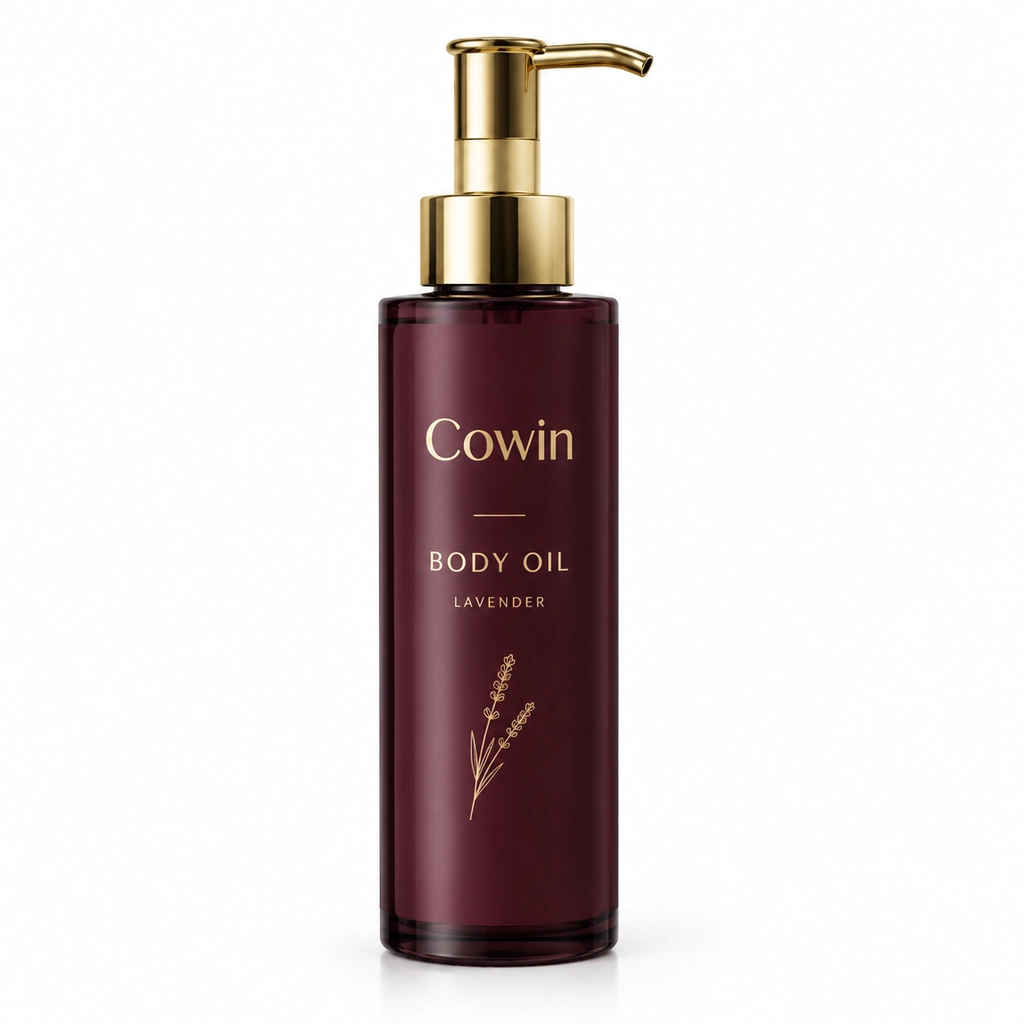 Body oil burgundy gold pump bottle